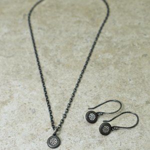 Diamond Pave Pendant Necklace and Dangle Earrings Oxidized Sterling Silver Set